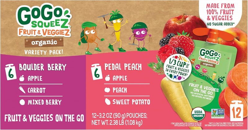 GoGo squeeZ Organic Fruit & VeggieZ Applesauce and Puree Variety Pack - Pedal Peach & Boulder Berry, 12 Pouches of 3.2 oz Each - Image 4